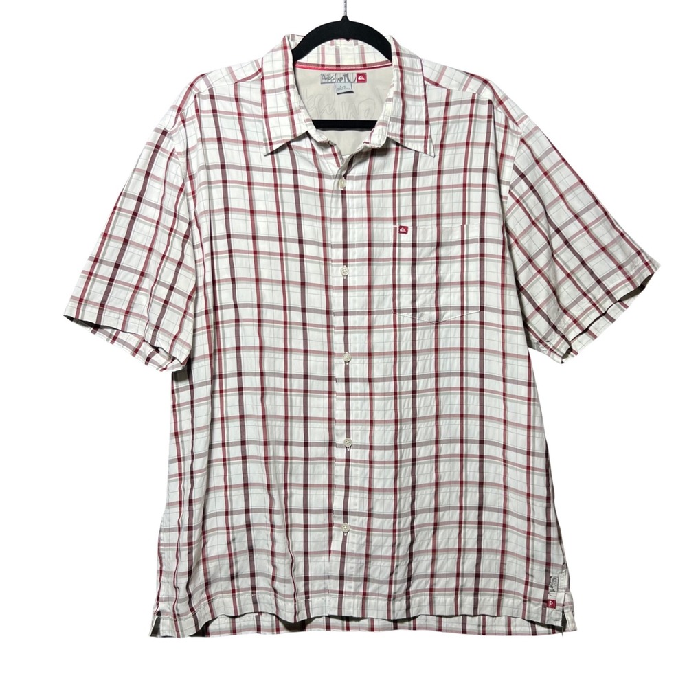 Vintage Y2K Quiksilver Shirt Mens L White Red Plaid Modal Rayon Surf Skate